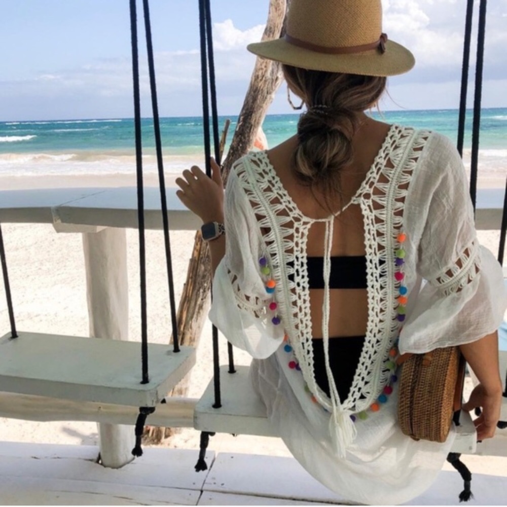 🆕Rainbow Pom Pom Beach SummerCover Up Dress S: M - Picture 3 of 8